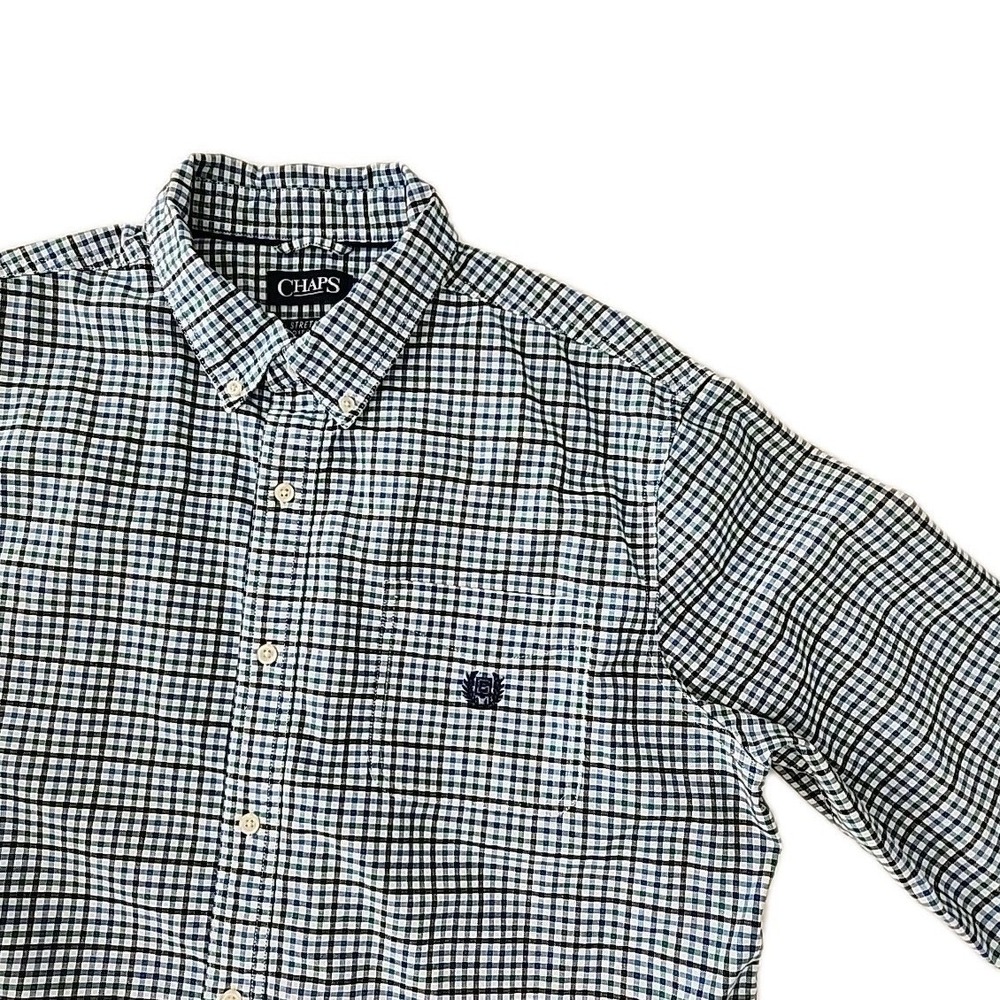 Chaps Stretch Oxford Men's XL Cotton Blue/Green Plaid Long Sleeve Button EUC